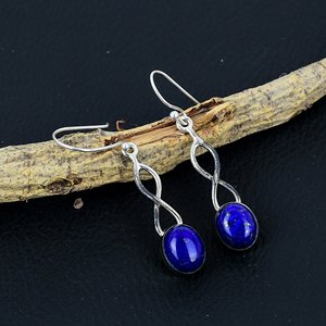 <b>Best</b> Quality Natural Blue Lapis Lazuli Oval Drop Earrings Silver Trendy Boho Statement Handmade Lightweight Women's Gift - Product Image 5