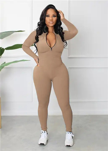 Combinaison moulante grise à manches longues et fermeture éclair sur le devant pour femme, taille haute, coupe ajustée, effet ventre plat, style streetwear - Product Image 5