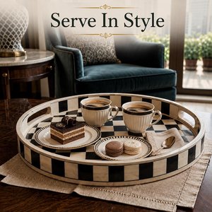 Plateau de service rond en MDF avec incrustation en résine, motif damier et design marocain, plateau décoratif pour la maison, la villa et l'hôpital - Product Image 5