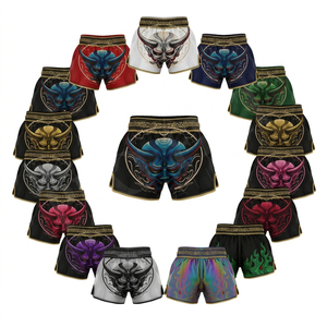 Shorts de Muay Thai personnalisés avec logo, pour hommes, en satin, pour la boxe, les arts martiaux, les combats, imprimés sur toute la surface. - Product Image 1