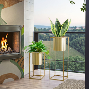 Ensemble de 2 pots à fleurs en or martelé modernes avec support pour table de salon, balcon, utilisation en intérieur, décoration festive - Product Image 5