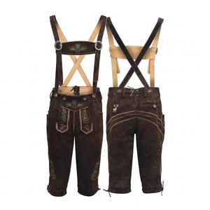 Pantalones Trachten de Lana para Hombre, Color Marrón, Bordados, con Tirantes Cruzados en la Espalda, Logotipo Frontal, Estilo Regular - Product Image 1