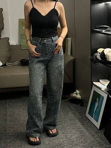 Jean en denim pour femme à strass, taille haute, coupe ample, délavé, jambe large, style mode - Product Image 4