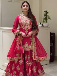 Salwar Kameez Bordado para Mujer, Estilo Pakistaní Tradicional de Seda, Vestido Anarkali Hasta la Rodilla para Bodas y Fiestas, Talla XL - Product Image 1