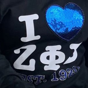 Zeta Phi Beta Off Shoulder Shirt Women Black Long Sleeve <b>Sequin</b> Heart Graphic Casual Sorority Stylish Fashion <b>Top</b> - Product Image 4
