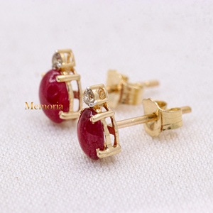 Pendientes de tuerca de oro amarillo macizo de 14K al por mayor con rubí natural ovalado y diamantes engastados en punta, Memoria Jewels - Product Image 5