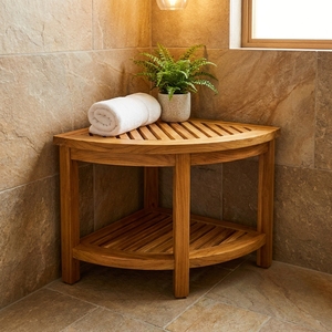 Modern Solid <b>Teak</b> Wood Corner Stool Lower <b>Shelf</b> Storage Apartment Bathroom Outdoor Use No Assembly Required Well Sanded Finish - Product Image 6
