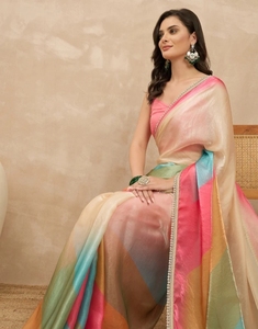 Sari de satén con estampado digital Bollywood para mujer KV con blusa sin coser (multicolor) - Product Image 2