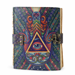 Diario de cuero Hamsa Ojo Turco hecho a mano - Cuaderno espiritual colorido con papel de borde deshilachado vintage para regalar y dibujar - Product Image 1