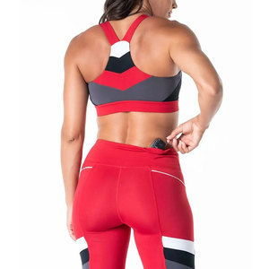 Red Color Blocking Yoga Set Racerback Sports Bra High Waist Full Length Leggings Two Piece Spandex Polyester Activewear - Product Image 4