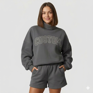 Conjunto de Top de Cuello Alto y Pantalones Cortos para Mujer, Invierno, Color Sólido, Estilo Juvenil, Moderno y Divertido - Product Image 1