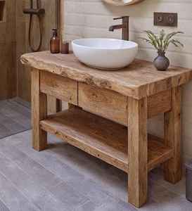 Meuble de salle de bain en bois naturel avec vasque intégrée, tiroirs de rangement et étagère inférieure pour un intérieur de maison de luxe - Product Image 3