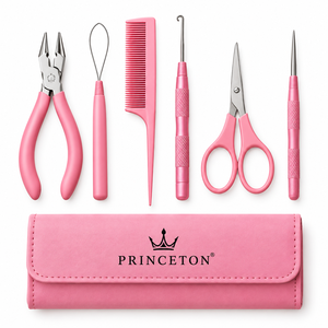 ชุดอุปกรณ์ต่อผมโลหะสีชมพู PRINCETON พร้อมคีม หวี กรรไกร เข็มเกี่ยว และกระเป๋าเก็บของ - Product Image 1
