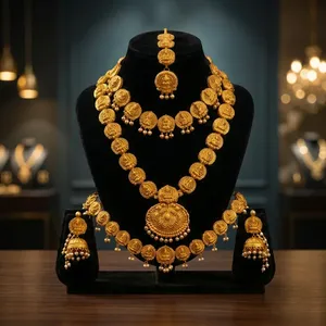 Ensemble de collier et boucles d'oreilles assortis en laiton plaqué or, design personnalisé, écologique et traditionnel, bijoux de mariage, cadeaux - Product Image 1