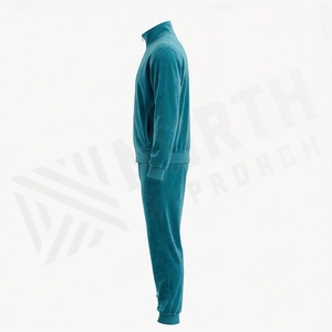 Survêtement unisexe en velours vert sarcelle, fermeture éclair intégrale, col montant, molletonné, décontracté, couleur unie, poches latérales, pour l'automne - Product Image 3