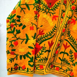 Handcrafted Mustard Velvet <b>Quilted</b> Jacket Kashmiri Floral Crewel Embroidery Bohemian Winter Coat Festival Wear Breathable - Product Image 6