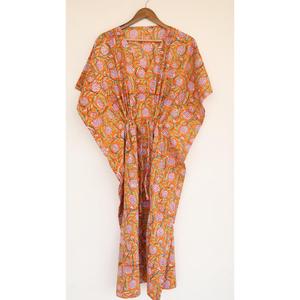 Vintage <b>Boho</b> Floral Block Print Orange Kaftan <b>Dress</b> With Tie Back Loose Fit Short Sleeve Cotton <b>Summer</b> Long <b>Dress</b> - Product Image 1