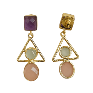 Geometric 3 Stone Drop <b>Earrings</b> Brass <b>Gold</b> Plated Amethyst Rose Quartz <b>Emerald</b> Cut Classic Bohemian Trendy Women's Jewelry Party - Product Image 5