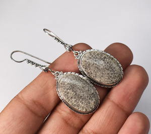 Natural Black Coral fossil, Agatized Coral 925 <b>Solid</b> Sterling <b>Silver</b> <b>Earrings</b> - Product Image 2