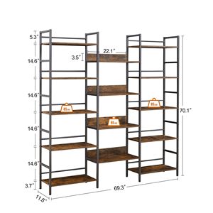 Libreria industriale retrò a 5 scaffali tripli scaffali aperti in rustico marrone 69.3 "w X 11.8" X 70.1 "h per l'home Office - Product Image 5