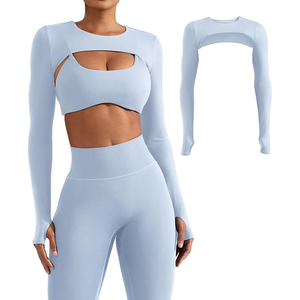 <b>Women</b> <b>Long</b> Sleeve Crop Top Crew Neck Solid Color Cut-Out Activewear Yoga <b>Shirt</b> Regular Fit Full Sleeve Spandex Polyester - Product Image 1