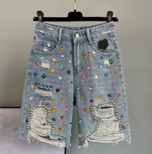 Shorts de mezclilla desgastados con pedrería para mujer, estilo casual de verano, tipo Bermuda, de cintura media, ajuste holgado, de algodón lavado - Product Image 1