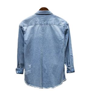 Camisa vaquera rasgada en negro y azul Vintage para hombre, manga larga con agujeros y bolsillos, prendas de vestir exteriores holgadas, lona de algodón - Product Image 5