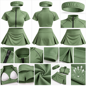 Ensemble de sport respirant 3 pièces uni pour femme : veste courte zippée, jupe-short de tennis taille haute et bandeau – Idéal pour le yoga et l'entraînement - Product Image 3