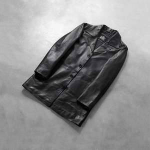 <b>Men's</b> Genuine Leather <b>Long</b> Coat Double Breasted Turn-Down Collar Formal Winter <b>Jacket</b> Premium Quality Durable Soft Comfortable - Product Image 5