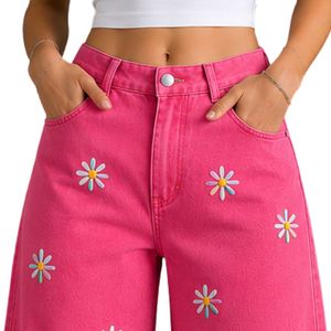 Vaqueros anchos de mujer de cintura alta con bordado floral rosa intenso, corte holgado, estilo casual urbano, personalizados. - Product Image 5