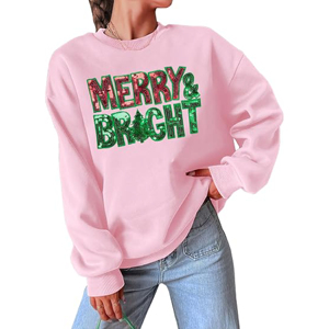 Custom OEM <b>Women</b> Festive Sequin Patchwork Merry Bright Pink Crewneck <b>Sweatshirt</b> Premium Heavyweight Fleece Oversized <b>Christmas</b> - Product Image 2