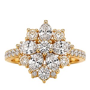 Luxury floral ring in 18K yellow gold with marquise and round lab grown diamonds elegant flower <b>cluster</b> timeless couture desi - Product Image 1