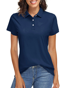 Polo pour femme bleu marine à manches courtes, couleur unie, respirant, en polyester tricoté, style décontracté, best-seller 2026 - Product Image 1