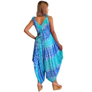 Combinaison ample pour femme, bleu aqua, tie-dye, sans manches, col en V, style bohème, pantalon harem, tenue de vacances d'été - Product Image 4