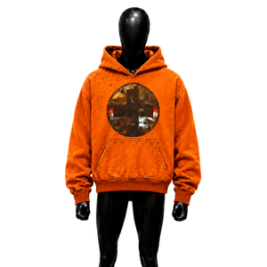 Sweat à capuche oversize délavé pour homme Orange, style streetwear avec imprimé circulaire, poche avant, coupe décontractée oversize, idéal pour l'automne - Product Image 1