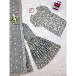 Ensemble Sharara de soirée pour femmes avec dupatta, comprenant haut, bas et tissu de couverture - Product Image 1