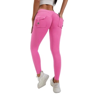 High Waist Pink <b>Leggings</b> With Pockets Full Length Stretch <b>Knitted</b> Sporty Women's <b>Leggings</b> - Product Image 4