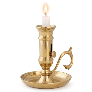 Gold Brass Chamberstick <b>Candle</b> Holder Handled Taper Stand Adjustable Height Slider Round <b>Dish</b> Base Tabletop Centerpiece Decor - Product Image 1