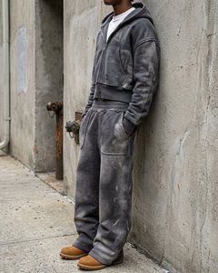 Ensemble sweat à capuche et pantalon de survêtement en coton épais pour homme avec logo personnalisé, style vintage délavé à l'acide, coupe courte zippée, streetwear décontracté - Product Image 1