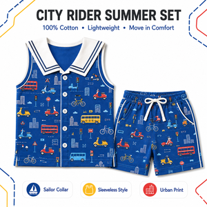 ชุดเซ็ตฤดูร้อน City Rider เสื้อแขนยาวและกางเกงขาสั้นผ้าฝ้าย 100% สีพื้น สีตามสั่ง ชุดลำลองสำหรับเด็ก unisex - Product Image 1