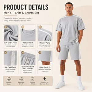 Ensemble sportif décontracté d'été pour hommes, t-shirt à manches courtes en tricot avec short à cordon de serrage, séchage rapide, blanc uni - Product Image 3
