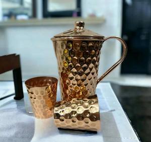 Ensemble carafe et verre à eau en cuivre pur de style bohème avec couvercle à poignée métallique et composants en verre, capacité 1,5 L - Product Image 3