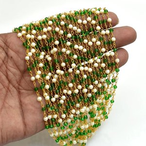 Chaîne de chapelet en perles blanches et vertes chromées, perles rondes facettées, fil plaqué or, chaîne de bijoux en vrac - Product Image 4