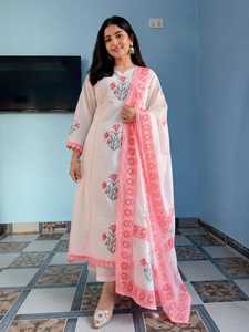 Conjunto de Traje Anarkali de Algodón Blanco de Lujo con Estampado Floral Rosa, Kalidar, Kurta, Pantalón, Dupatta, para Uso Diario, Festivo, Indio, Pakistaní - Product Image 6
