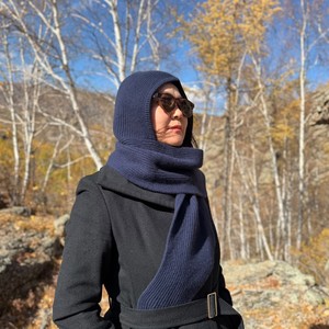 MONECO Denim Blue Knitted Hooded Scarf <b>Women</b> 2 in 1 Long Warm Winter 100% Cashmere Hijab <b>Head</b> <b>Wrap</b> Eco-Friendly Lightweight - Product Image 1