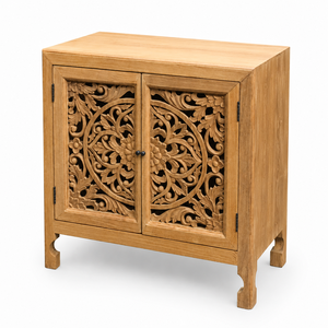 Handcrafted Solid Wood Carved 2 Door Cabinet with Ornate Floral Panels <b>Rustic</b> Indian Boho Style Storage <b>Sideboard</b> Furniture - Product Image 2