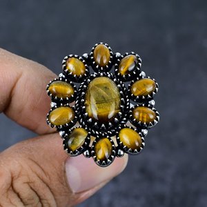 Anillo de Racimo de Ojo de Tigre Natural, Chapado en Plata 925, Diseño Floral Vintage, Engaste de Canal, Joyería Unisex, Regalo para Esposa - Product Image 1