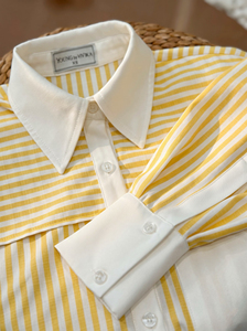 VIVI KA Camisa corta a rayas amarillas para mujer, manga larga, cuello blanco en contraste, bolsillo con parche, blusa abotonada KYLE - Product Image 6