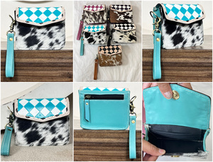 Western Handcrafted Genuine Cowhide Leather Coin Purse Turquoise & White Checkered Pattern Hair-on Leather Perfect for Women's - Product Image 3