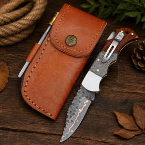 Cuchillo Plegable de Acero Damasco y Cobre de Alta Calidad, Mango de Madera Epoxi, Cuchillo Táctico EDC con Clip de Bolsillo para Caza - Product Image 1